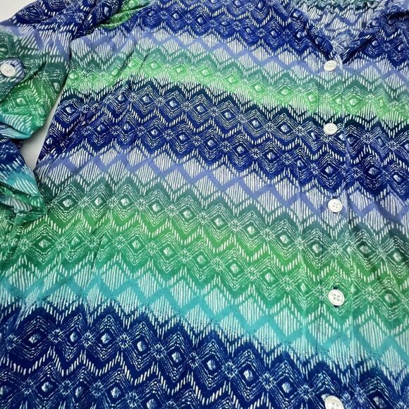 Chicos Blue/Green Diamond Pattern Button Down Size 2/L Roll Tab Sleeve - Picture 3 of 5